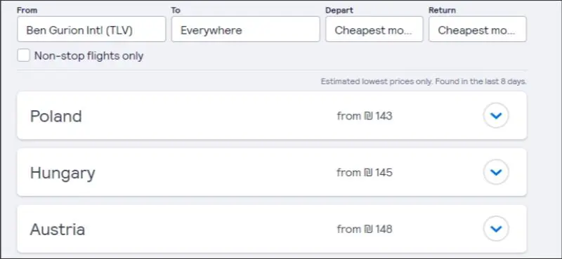 בחירת יעד ותאריך טיסה הלוך