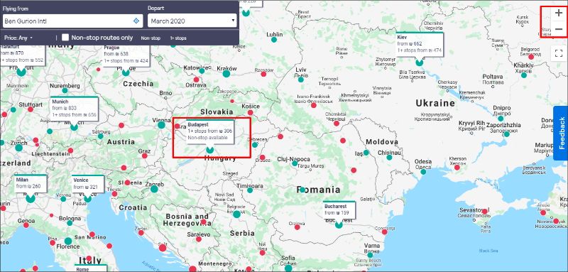 טיסות זולות מופיעות כבר על המפה. הנקודות האדומות מאפשרות חיפוש בלחיצה