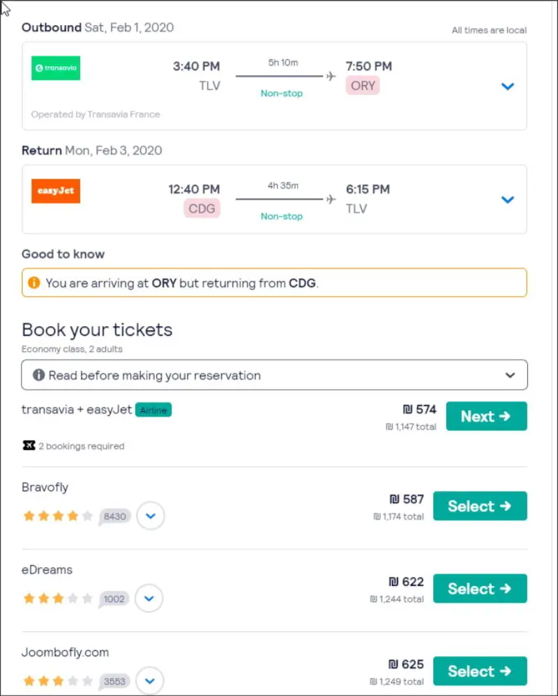 פרטי הטיסות, מחירים ומידע אודות סוכנות הנסיעות
